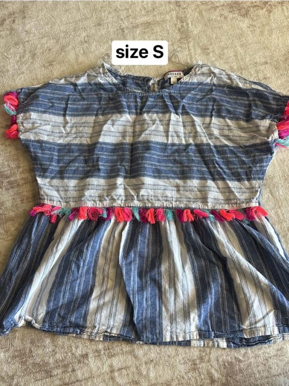 Striped Blue & White Top with Colorful Vibrabt Tassel Trim